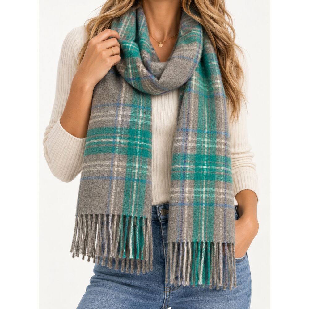 SOL Alpaca 100% Baby Alpaca Scarf Gray Teal Plaid Tartan Fringe Made Peru Unisex